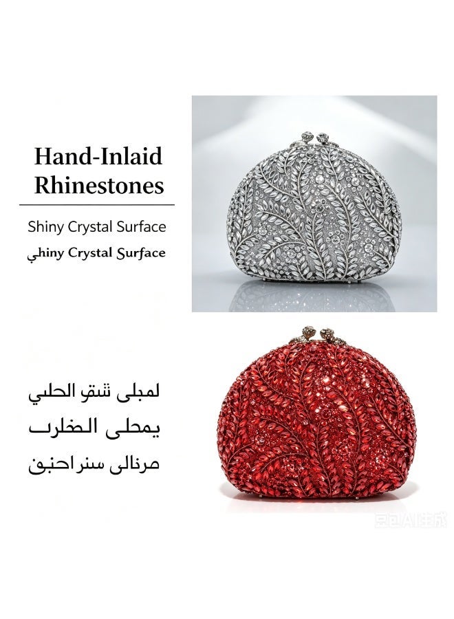 Luxury Leaf Rhinestone Evening Clutch Bag, Sparkly Crystal Formal Wedding Party Handbag with Detachable Shoulder Chain - Image 4