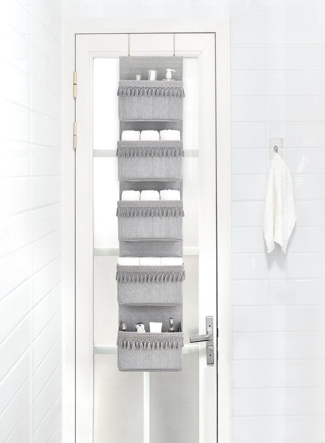 داهي منظم داهي المعلق على الباب، ديكور تخزين بوهيمي لغرفة الأطفال، منظم خزانة معلق مزين بشرابات، مناسب لغرفة النوم، غرفة الأطفال، الحمام، الشقق، غرف النوم الجامعية، المخزن، 5 جيوب، رمادي - Image 4