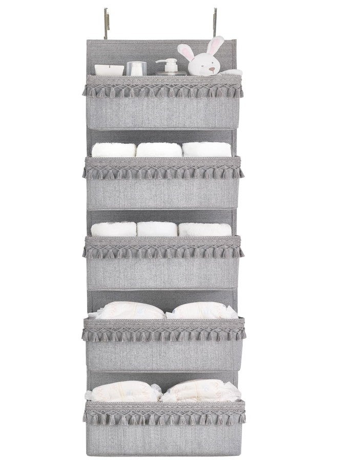 داهي منظم داهي المعلق على الباب، ديكور تخزين بوهيمي لغرفة الأطفال، منظم خزانة معلق مزين بشرابات، مناسب لغرفة النوم، غرفة الأطفال، الحمام، الشقق، غرف النوم الجامعية، المخزن، 5 جيوب، رمادي - Image 1