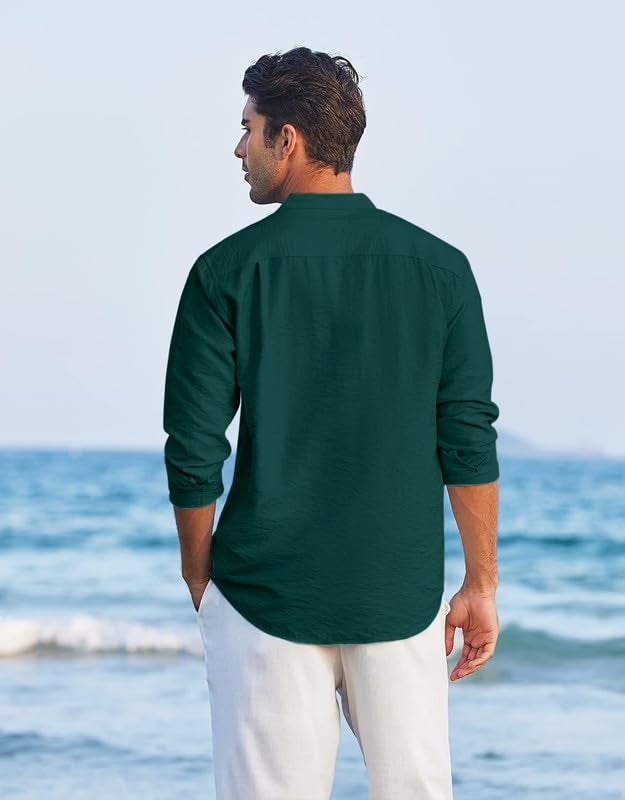 Macsivo Men's Cotton Blend Henley Short Kurta with Mandarin Collar Long Sleeeve Button Closure Curved Hem Regular Fit | Kurta for Men Stylish Green - Image 2