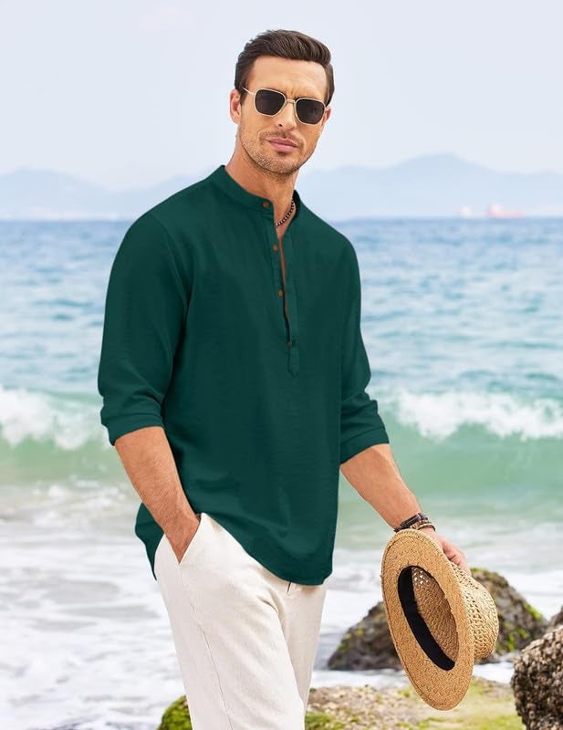 Macsivo Men's Cotton Blend Henley Short Kurta with Mandarin Collar Long Sleeeve Button Closure Curved Hem Regular Fit | Kurta for Men Stylish Green - Image 5