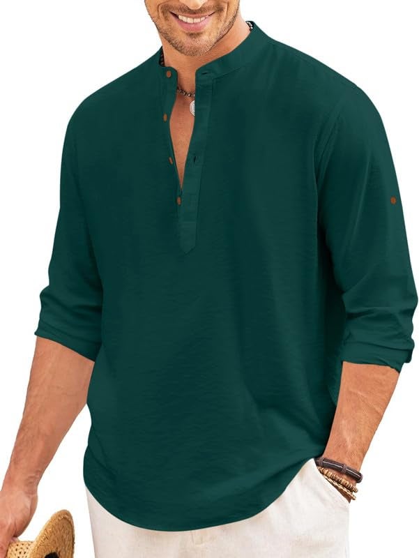 Macsivo Men's Cotton Blend Henley Short Kurta with Mandarin Collar Long Sleeeve Button Closure Curved Hem Regular Fit | Kurta for Men Stylish Green - Image 1