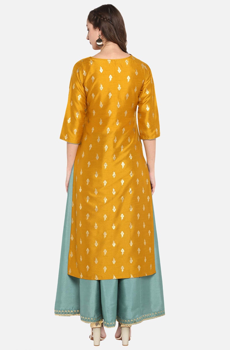 Janasya Womens Midi Silk Blend Print Anarkali Ethnic Dress (J0006-SET-L) Mustard - Image 5