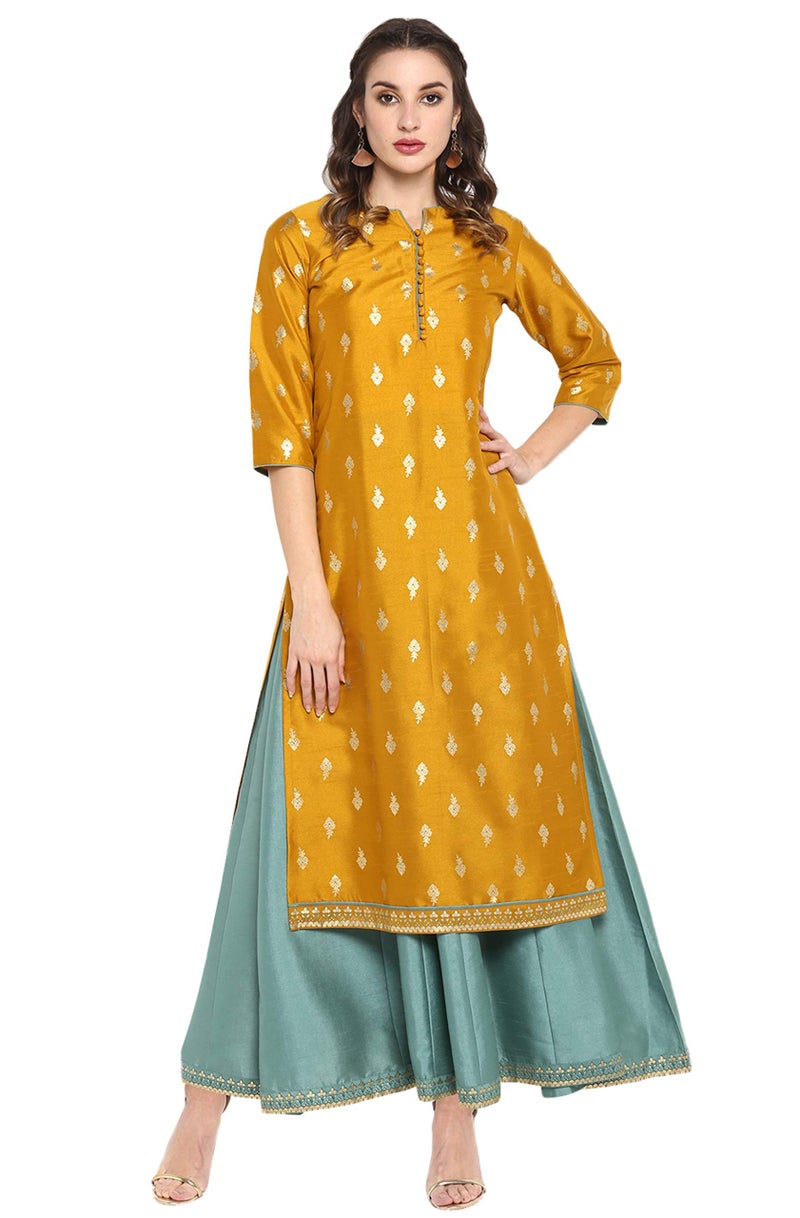 Janasya Womens Midi Silk Blend Print Anarkali Ethnic Dress (J0006-SET-L) Mustard - Image 1
