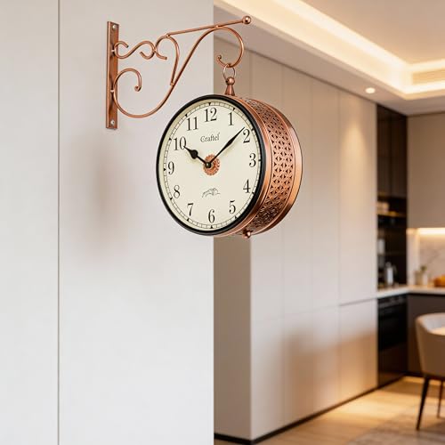 CRAFTEL Metal Analog Double Sided Vintage Railway Station Wall Clock Platform Hanging Clock for Living Room Home Office (Dial - 8 Inches, Rose Gold) - Image 2