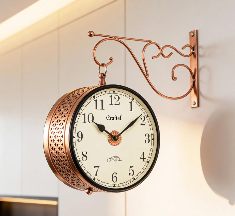 CRAFTEL Metal Analog Double Sided Vintage Railway Station Wall Clock Platform Hanging Clock for Living Room Home Office (Dial - 8 Inches, Rose Gold) - Image 1