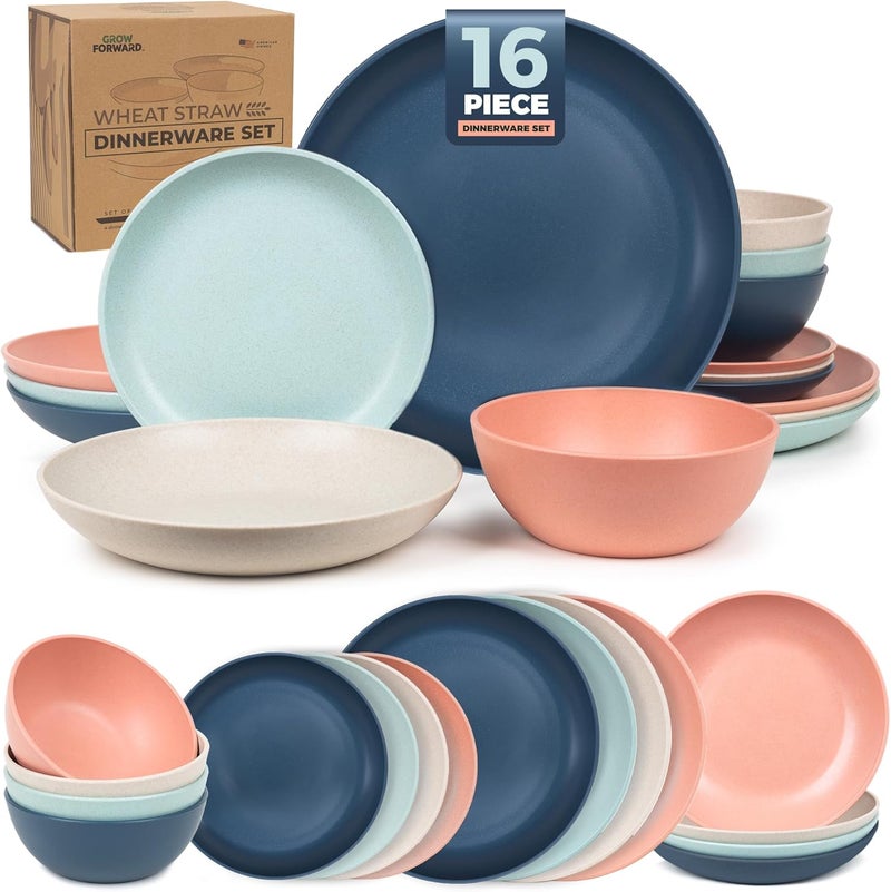 Grow Forward 16-piece Premium Wheat Straw Dinnerware Sets for 4 - Unbreakable Dishwasher & Microwave Safe Plastic Plates and Bowls Sets - Patio, Outdoors, RV, Camping Dishes - Tropical - Image 1