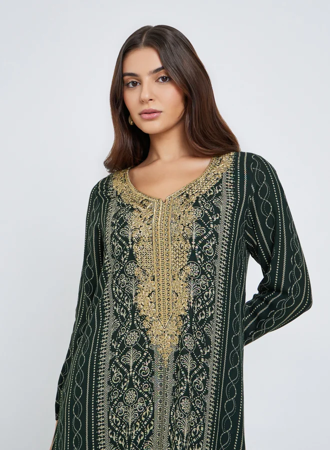 مكسيم كريشن Maxim Creation Gold Thread Embroidery Jalabiya with All Over Print