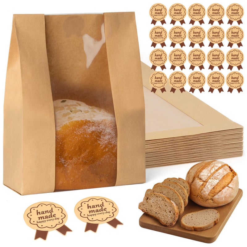 FUNFERY 30 Pcs Sourdough Bread Bags for Home Made Bread Sourdough,Large Paper Bags for Breads Gifting with Window & Cute Seal Stickers,Loaf Bags for Bakery Packaging and Storage(12.79"x8.26"x3.54") - Image 1