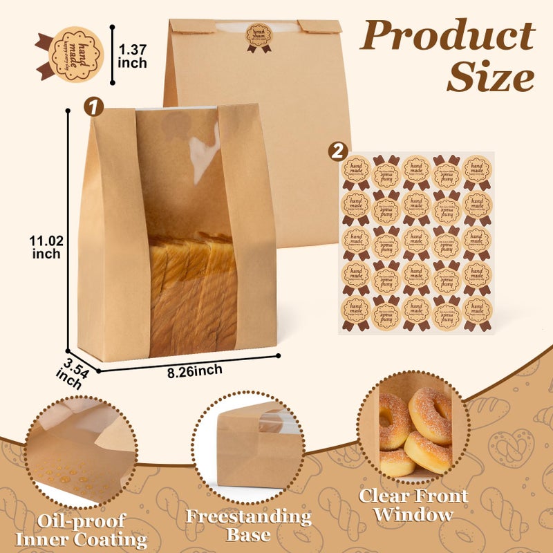 FUNFERY 30 Pcs Sourdough Bread Bags for Home Made Bread Sourdough,Large Paper Bags for Breads Gifting with Window & Cute Seal Stickers,Loaf Bags for Bakery Packaging and Storage(12.79"x8.26"x3.54") - Image 5