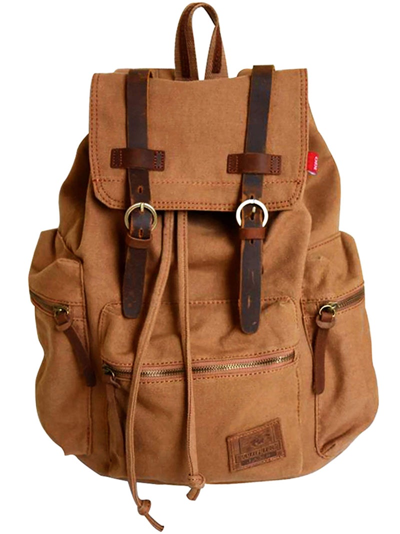 HuaChen Vintage Canvas Backpack Casual Daypack Travel Rucksack with Leather for Men Women 14 Laptop Compartment Hidden AntiTheft Pocket HikingSchool 32 Tan