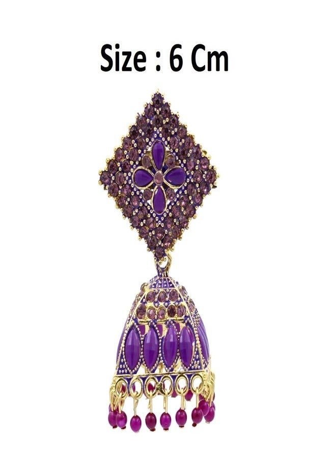 ADHVIK طقم أقراط جومكا تقليدية باللون الأرجواني للنساء والفتيات، مجوهرات عرقية مطلية بالذهب العتيق، أقراط هندية خفيفة الوزن مؤكسدة للمناسبات الاحتفالية - Image 3