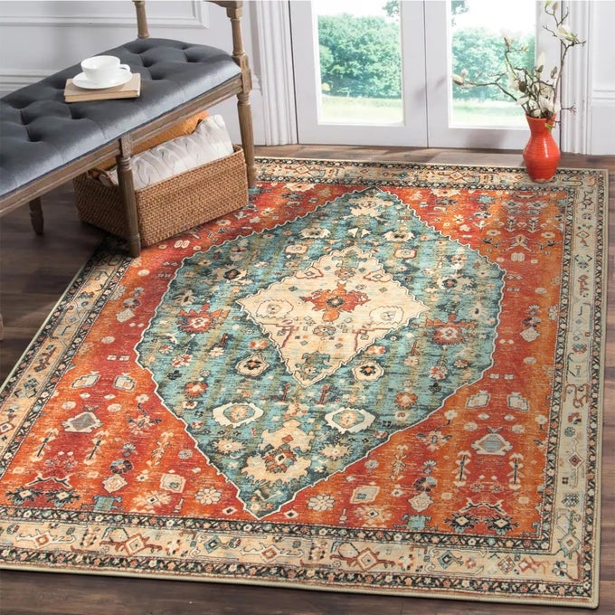 LAHOME BOHO TRIBAL SQUARE 4X4 WASHABLE RUG SOFT LIVING ROOM KITCHEN ENTRY RUGS WITH RUBBER BACKING ORIENTAL NONSLIP INDOOR THROW BEDROOM CARPET FOR NURSERY OFFICE RUSTDULL TEAL4X4FT