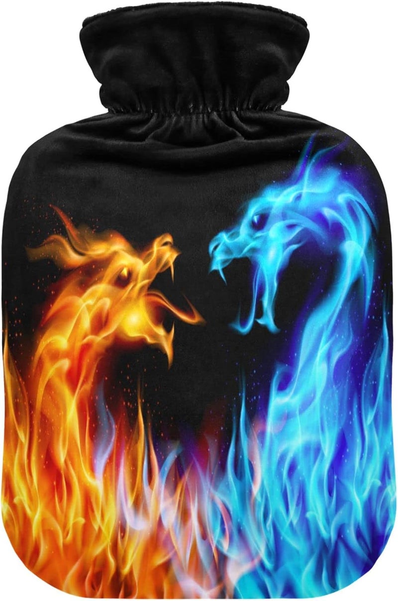 Wamika Blue Red Fire Dragon Hot Water Bottle Premium Rubber Dinosaur Winter Hot Water Bags with Soft Velvet Cover 1 Liter 