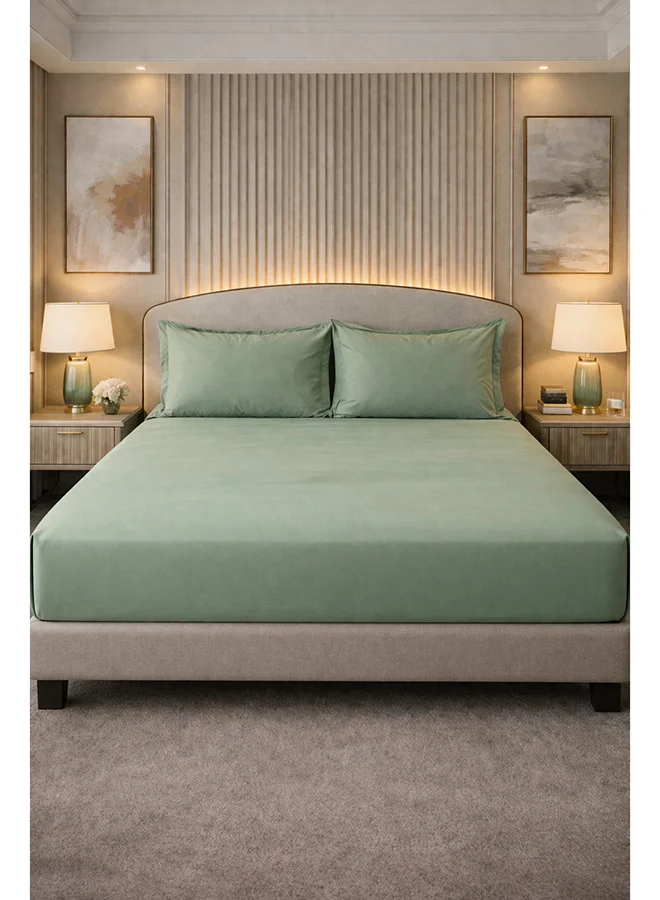 مالبيري ليفينج 100% Cotton Giza King Flat Bedsheet 3 pcs Set- 1 Sheet 260x280 cms / 2 Pillow Covers 50x75 cms - Sage Green