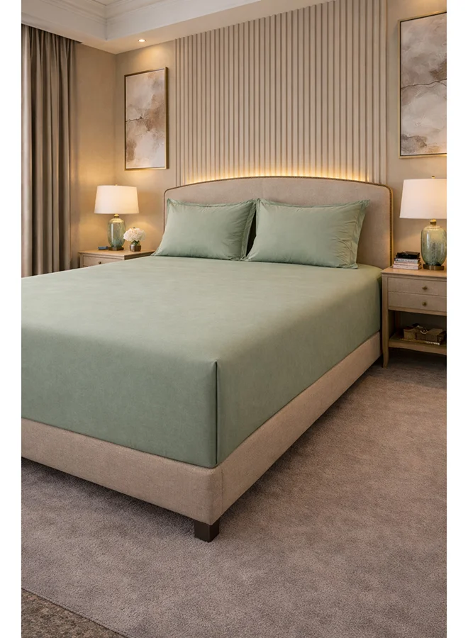 مالبيري ليفينج 100% Cotton Giza King Flat Bedsheet 3 pcs Set- 1 Sheet 260x280 cms / 2 Pillow Covers 50x75 cms - Sage Green