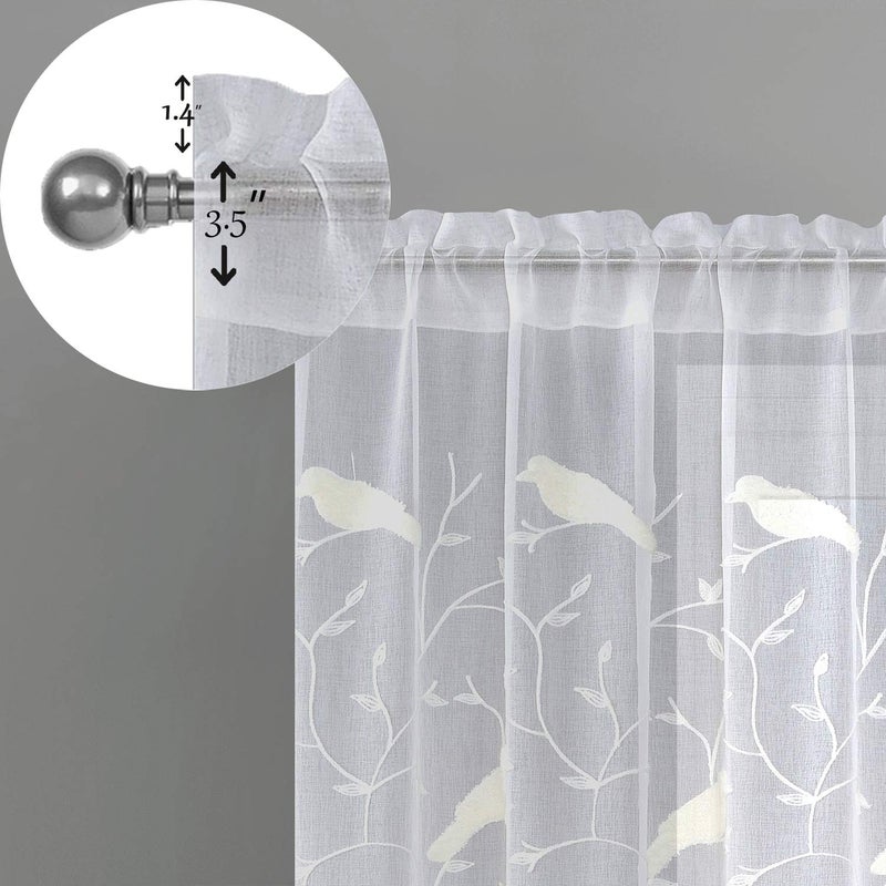 VOGOL White Sheer Curtains 63 inches Length, Birds Embroidered Window Treatment Sheer Voile Curtain Panels for Kitchen Liviging Room Bedroom Small Windows, 42 x 63, Set of 2 - Image 2