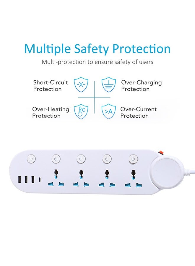 FLYROAD 8 in 1 2m-Universal Power Extension Cord with Surge Protector 4 Power Sockets & 3 USB Ports＆ 1 Type-C Port, 2 Meter Power Strip for House, Office etc., Multi Plug Extension Lead - 2m,White - Image 3