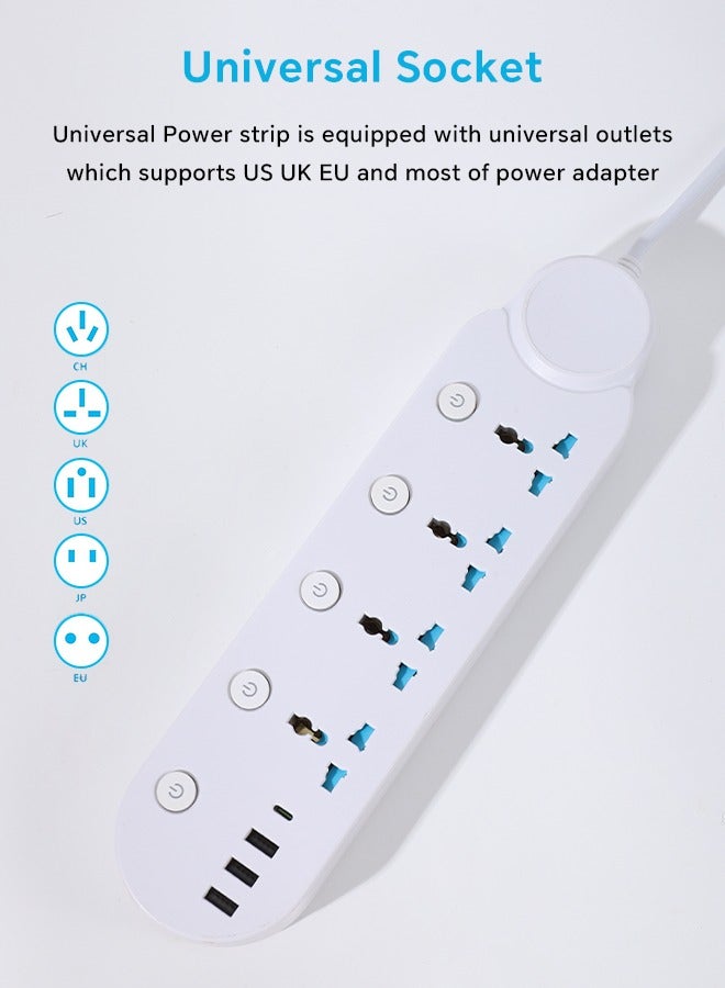 FLYROAD 8 in 1 2m-Universal Power Extension Cord with Surge Protector 4 Power Sockets & 3 USB Ports＆ 1 Type-C Port, 2 Meter Power Strip for House, Office etc., Multi Plug Extension Lead - 2m,White - Image 5