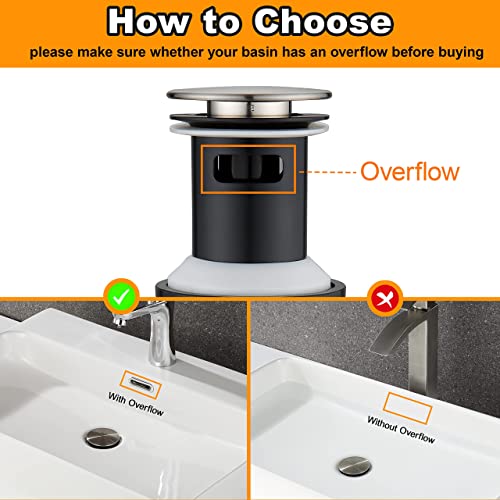 TIORIY Pop Up Bathroom Sink Drain - Bathroom Sink Stopper with Overflow for Faucet Vessel, Push Type Bathroom Sink Vanity Assembly with Strainer, Brushed Nickel - Image 3