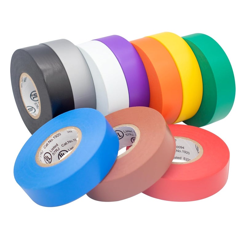 TradeGear Electrical Tape (10PK) Assorted Matte Rainbow Colors – Waterproof, Flame-Retardant, Rubber Based Adhesive, UL Listed – Rated for Max. 600V and 80oC Use –Measures 60’ x 3/4" x 0.07" - Image 1