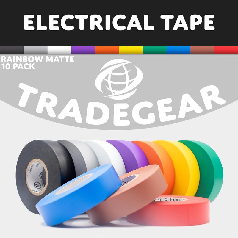 TradeGear Electrical Tape (10PK) Assorted Matte Rainbow Colors – Waterproof, Flame-Retardant, Rubber Based Adhesive, UL Listed – Rated for Max. 600V and 80oC Use –Measures 60’ x 3/4" x 0.07" - Image 2