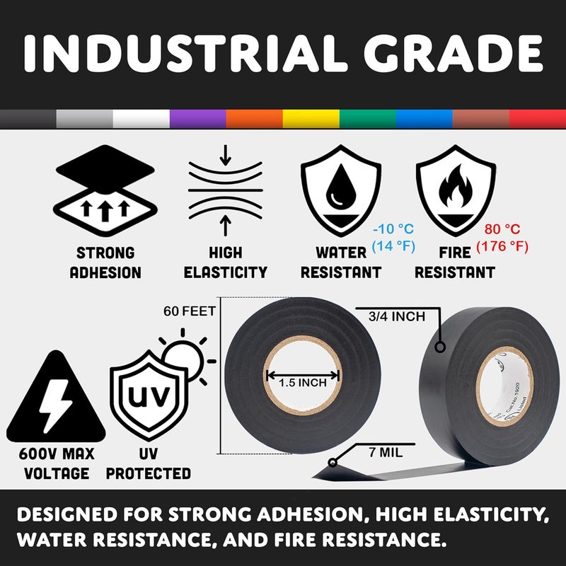 TradeGear Electrical Tape (10PK) Assorted Matte Rainbow Colors – Waterproof, Flame-Retardant, Rubber Based Adhesive, UL Listed – Rated for Max. 600V and 80oC Use –Measures 60’ x 3/4" x 0.07" - Image 3