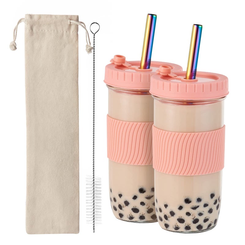 Amyoole 2 Pack Reusable Boba Cup 24Oz Wide Mouth Smoothie Cupmason Jar Glass Cups with Lids and StrawsBubbleBoba Tea CupsIce Coffee Tumbler 2 colored straws 1 sponge brushPink