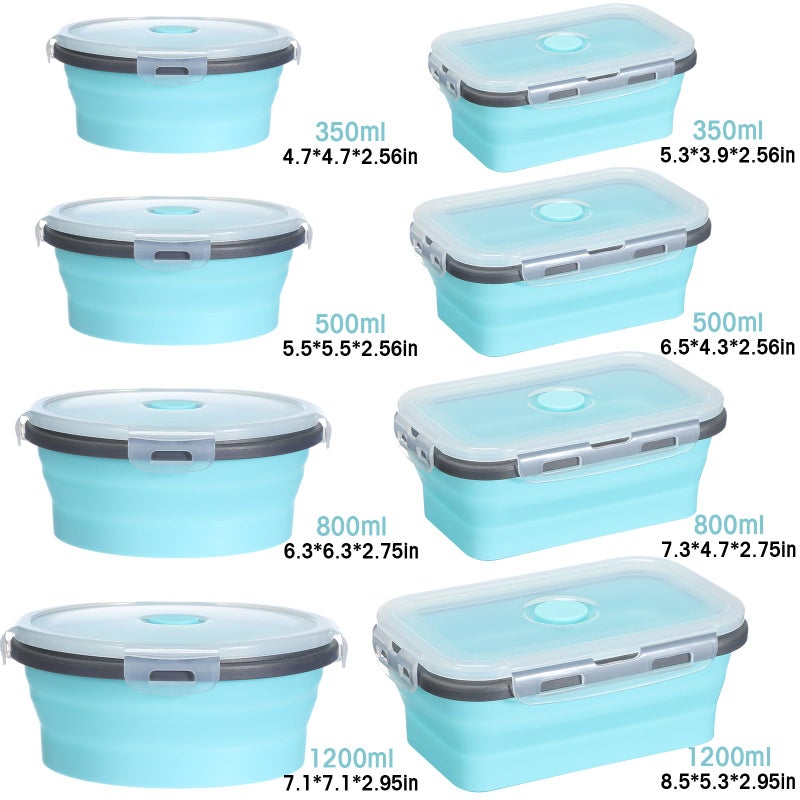 Yaomiao 16 Pack Collapsible Food Storage Containers with Lid Foldable 8 Pcs Rectangle Storage Bowl and 8 Pcs Round Silicone Food Bow for Lunch Rv Accessories Microwave Freezer Safe(Gray, Blue) - Image 2
