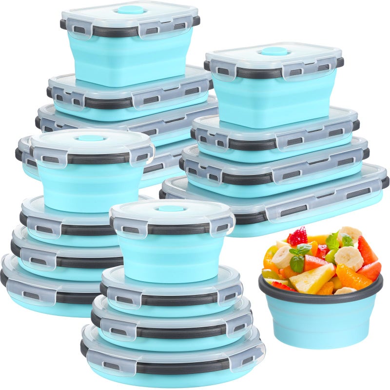 Yaomiao 16 Pack Collapsible Food Storage Containers with Lid Foldable 8 Pcs Rectangle Storage Bowl and 8 Pcs Round Silicone Food Bow for Lunch Rv Accessories Microwave Freezer Safe(Gray, Blue) - Image 1
