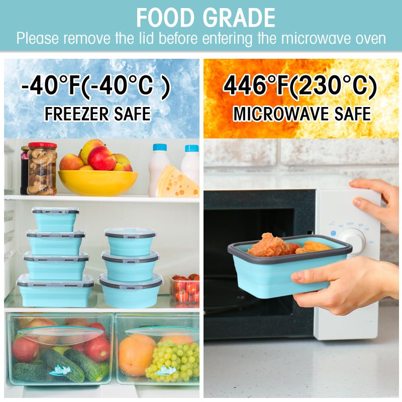 Yaomiao 16 Pack Collapsible Food Storage Containers with Lid Foldable 8 Pcs Rectangle Storage Bowl and 8 Pcs Round Silicone Food Bow for Lunch Rv Accessories Microwave Freezer Safe(Gray, Blue) - Image 4