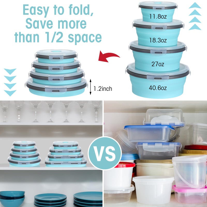Yaomiao 16 Pack Collapsible Food Storage Containers with Lid Foldable 8 Pcs Rectangle Storage Bowl and 8 Pcs Round Silicone Food Bow for Lunch Rv Accessories Microwave Freezer Safe(Gray, Blue) - Image 5