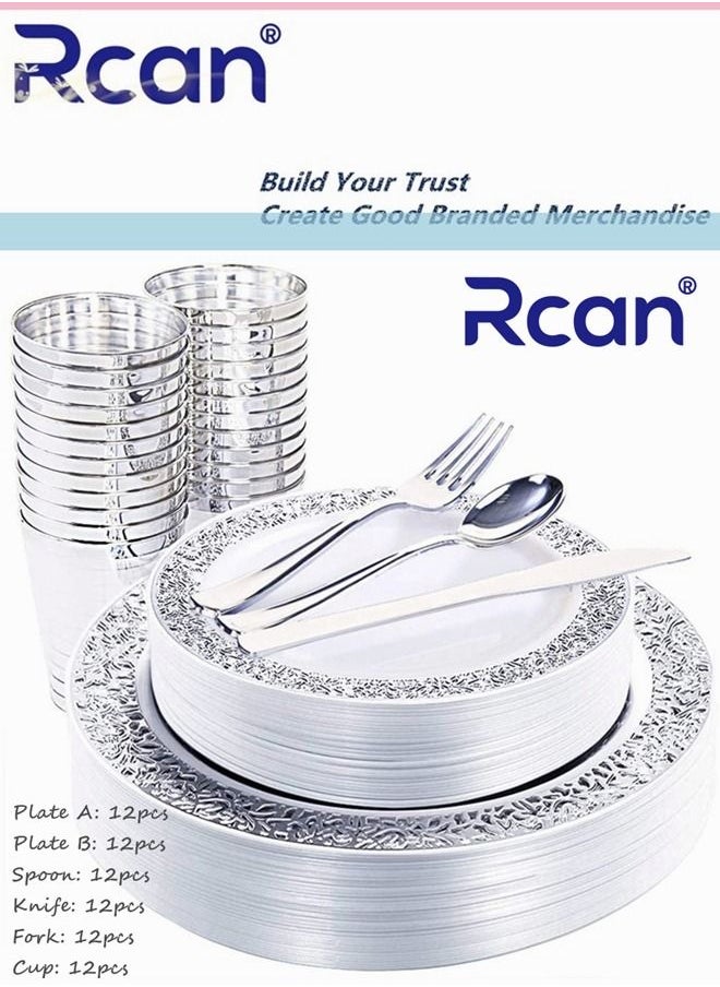 Rcan 72 Pcs/set Silver Upscale Wedding Dining Party Disposable Plastic Hollow-carved Cutlery Set, Party Supplies Plate, Spoon, Fork, Knife, Cup, Party Tableware (12 Guest)  - Image 1