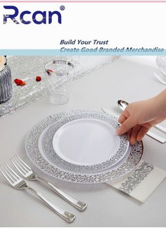 Rcan 72 Pcs/set Silver Upscale Wedding Dining Party Disposable Plastic Hollow-carved Cutlery Set, Party Supplies Plate, Spoon, Fork, Knife, Cup, Party Tableware (12 Guest)  - Image 2