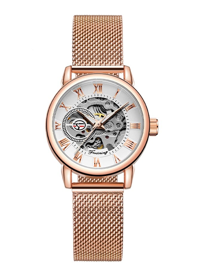 FORSINING ​​Forsining Women's Fashion Skeleton Watch - Rose Gold-Tone Mesh Strap with White Skeleton Dial, Compact & Exquisite Design, Elegant Casual Style for Daily Wear & Special Occasions​​ - Image 1