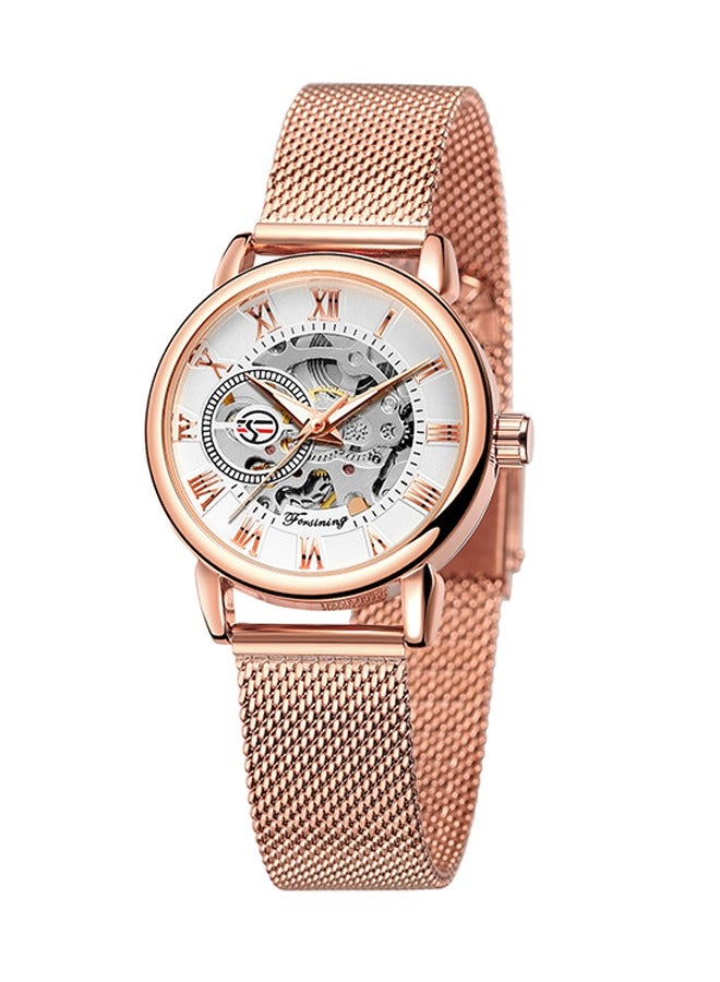FORSINING ​​Forsining Women's Fashion Skeleton Watch - Rose Gold-Tone Mesh Strap with White Skeleton Dial, Compact & Exquisite Design, Elegant Casual Style for Daily Wear & Special Occasions​​ - Image 2
