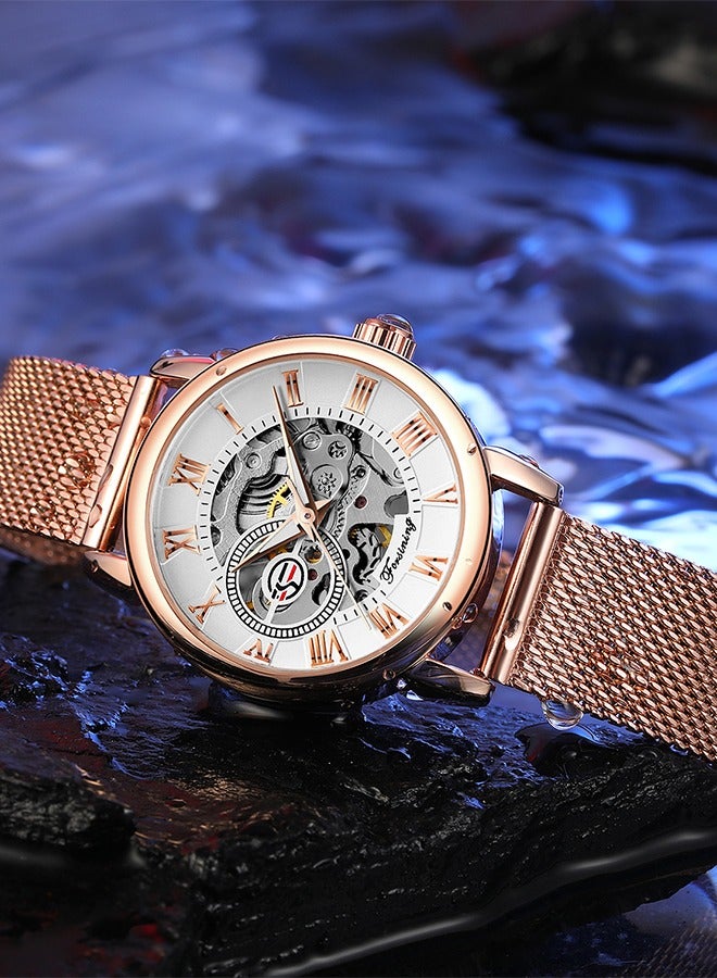 FORSINING ​​Forsining Women's Fashion Skeleton Watch - Rose Gold-Tone Mesh Strap with White Skeleton Dial, Compact & Exquisite Design, Elegant Casual Style for Daily Wear & Special Occasions​​ - Image 5