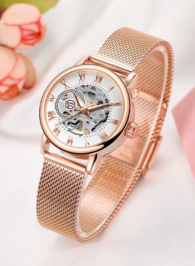 FORSINING ​​Forsining Women's Fashion Skeleton Watch - Rose Gold-Tone Mesh Strap with White Skeleton Dial, Compact & Exquisite Design, Elegant Casual Style for Daily Wear & Special Occasions​​ - Image 3