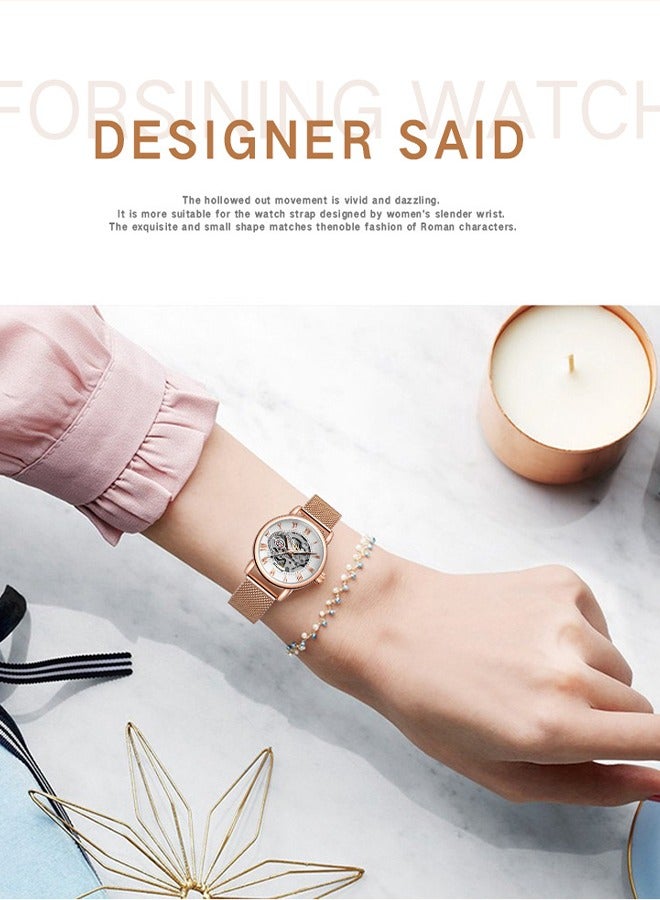 FORSINING ​​Forsining Women's Fashion Skeleton Watch - Rose Gold-Tone Mesh Strap with White Skeleton Dial, Compact & Exquisite Design, Elegant Casual Style for Daily Wear & Special Occasions​​ - Image 4