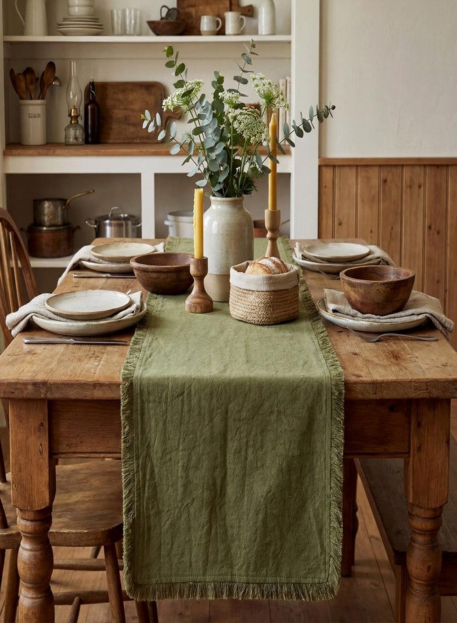 Chumia Olive Green Boho Table Runner with Tassels 12x72 Inches Farmhouse Small Macrame Woven Cotton Rustic Coffee Dresser Table Runner for Living Room Home Dining Kitchen Centerpiece Bohemian Decor - Image 1