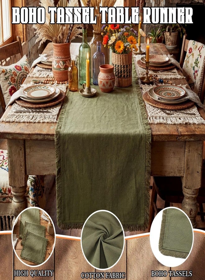 Chumia Olive Green Boho Table Runner with Tassels 12x72 Inches Farmhouse Small Macrame Woven Cotton Rustic Coffee Dresser Table Runner for Living Room Home Dining Kitchen Centerpiece Bohemian Decor - Image 3