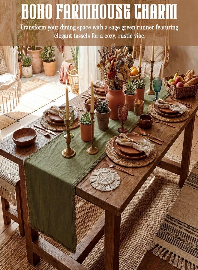 Chumia Olive Green Boho Table Runner with Tassels 12x72 Inches Farmhouse Small Macrame Woven Cotton Rustic Coffee Dresser Table Runner for Living Room Home Dining Kitchen Centerpiece Bohemian Decor - Image 5