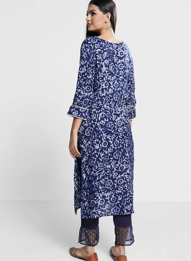 indya Printed Embellished Kurti With Dupatta & Pants Set