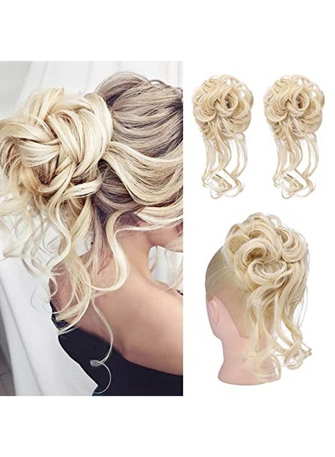 HOOJIH Messy Bun Hair Piece 2Pcs Tousled Updo With Tendrils Hair Bun Extensions Wavy Curly Hair Wrap Ponytail Hairpieces Thick Hair Scrunchies For Women Hb010 Dasiy Cool Light Blonde - Image 1