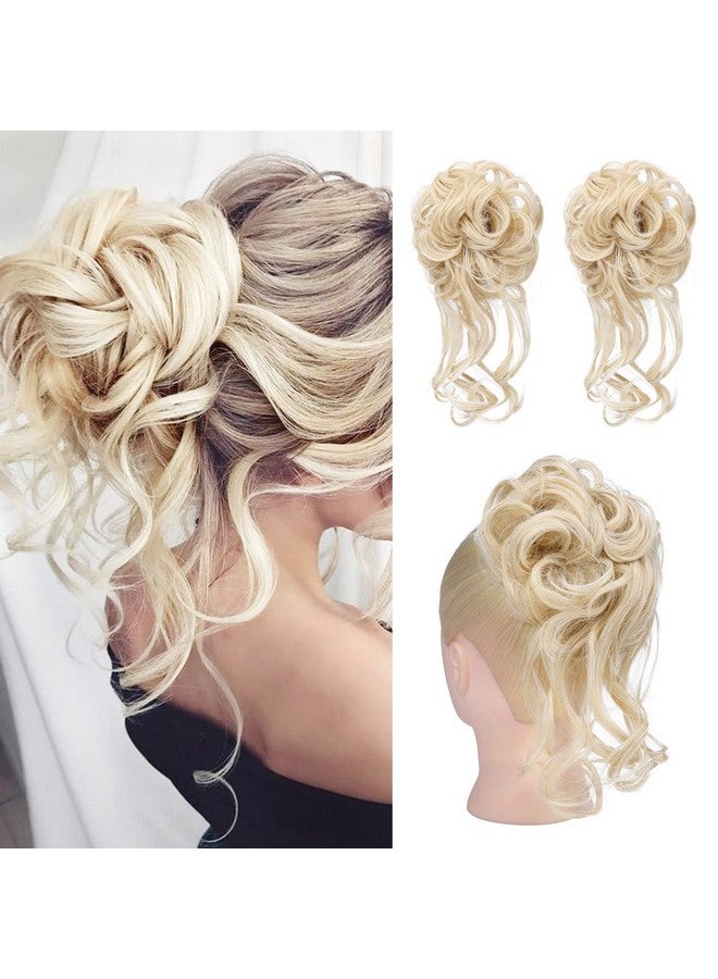 HOOJIH Messy Bun Hair Piece 2Pcs Tousled Updo With Tendrils Hair Bun Extensions Wavy Curly Hair Wrap Ponytail Hairpieces Thick Hair Scrunchies For Women Hb010 Dasiy Cool Light Blonde - Image 2