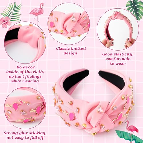 PANTIDE Flamingo Jeweled Knotted Headband - Summer Flamingo Rhinestone Embellished Headband Non Slip Wide Top Knot Hairband Hair Accessories Hawaii Beach Pool Party Birthday Gift for Women Girl (Pink) - Image 3