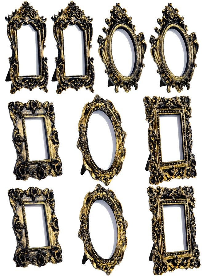 مايتيز مجموعة مايتيس المكونة من 10 قطع من إطارات الصور الصغيرة العتيقة، إطارات صور باروكية مزخرفة بيضاوية الشكل مصنوعة من الراتنج، مناسبة لعرض الصور على سطح الطاولة، ديكور منزلي وحفلات الزفاف (أسود وذهبي) - Image 1