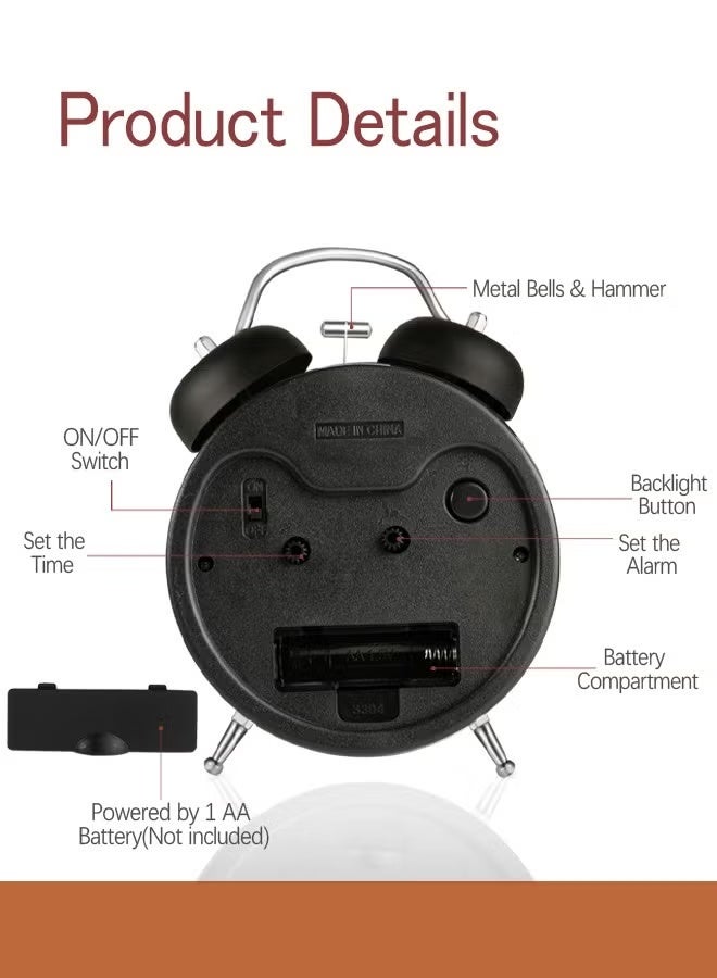 Twin Bell Loud Alarm Clock with Backlight - Silent Non-Ticking Clock for Heavy Sleepers, Perfect for Bedroom, Home & Office - Image 4