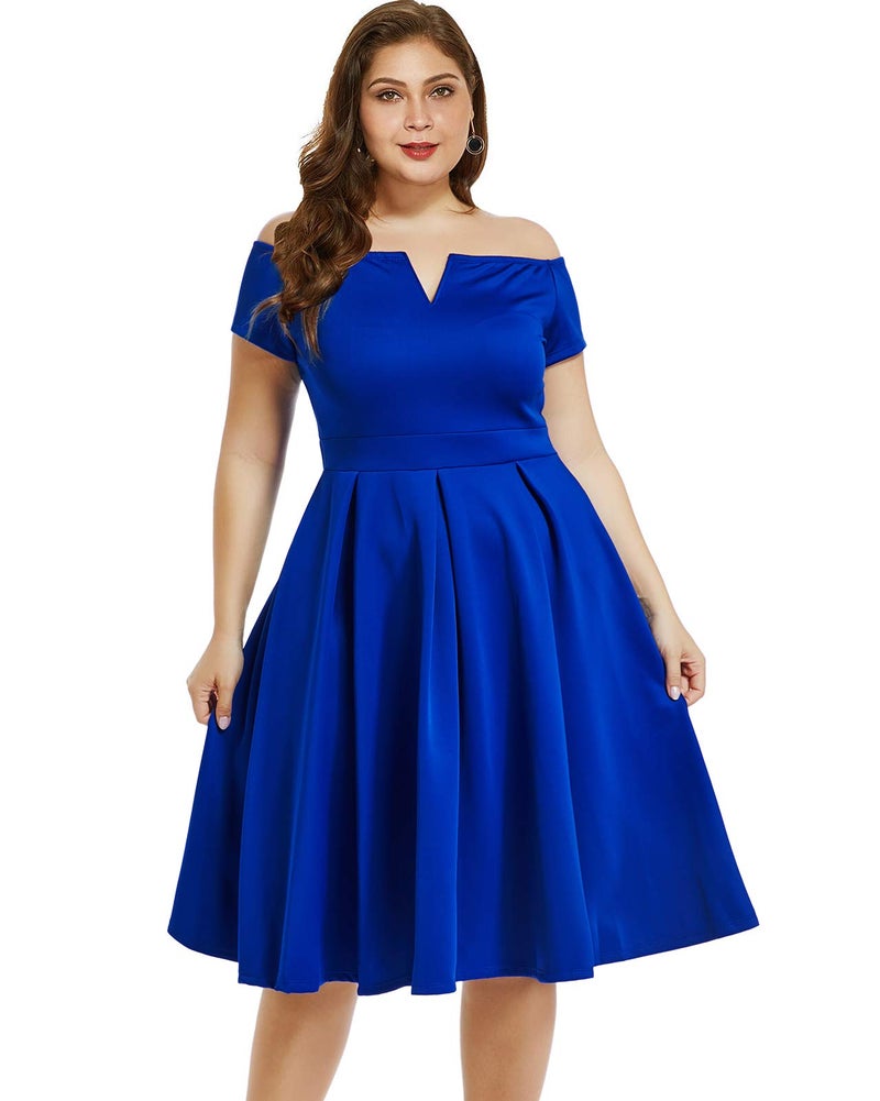LALAGEN Women's Plus Size Vintage 1950s Party Cocktail Wedding Swing Midi Dress Blue XL - Image 1