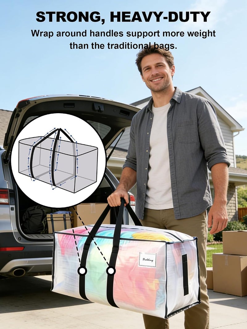 HOMESURE مجموعة HOMESURE المكونة من 8 أكياس نقل كبيرة وقوية بسحابات ومقابلة حمل - مقاومة للماء - حقيبة تخزين ثقيلة لتوفير المساحة، قابلة للطي بشكل مسطح، بديل لصندوق النقل (شفافة جزئياً) - Image 2